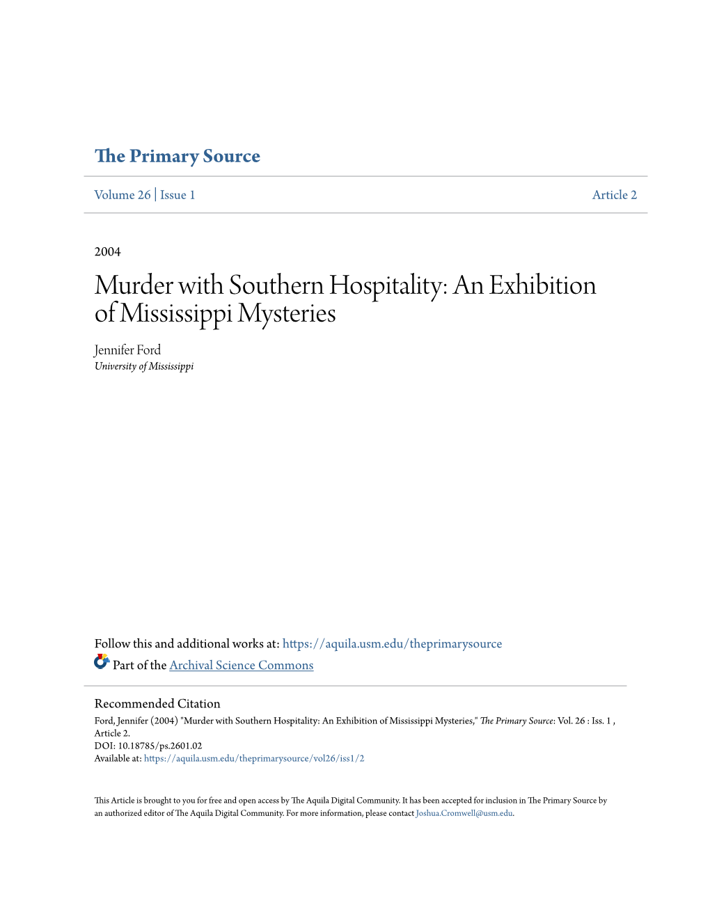 Murder with Southern Hospitality: an Exhibition of Mississippi Mysteries Jennifer Ford University of Mississippi