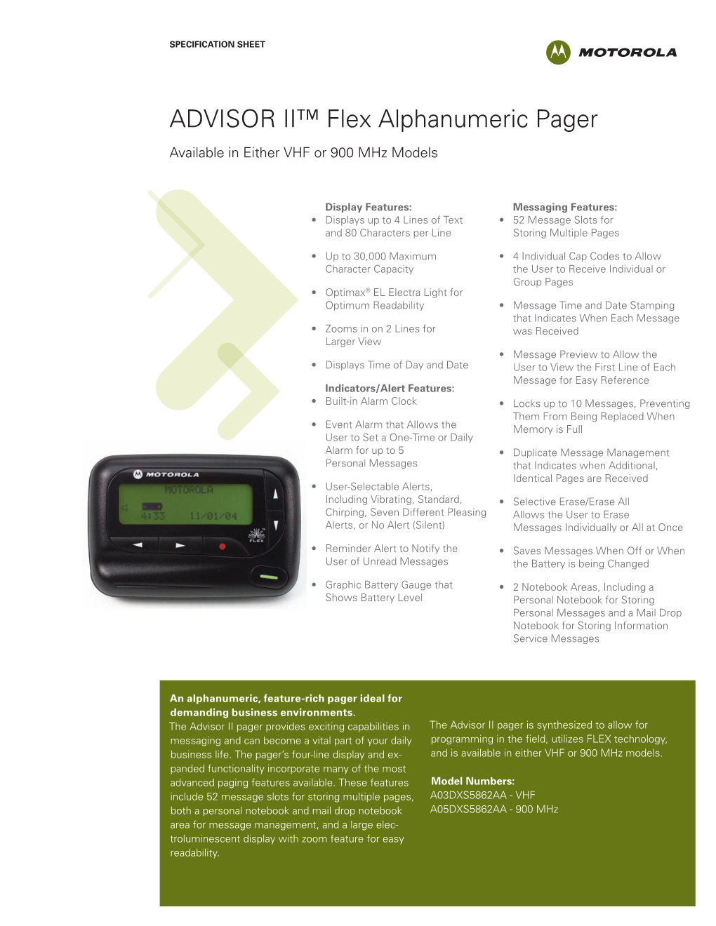 ADVISOR II™ Flex Alphanumeric Pager