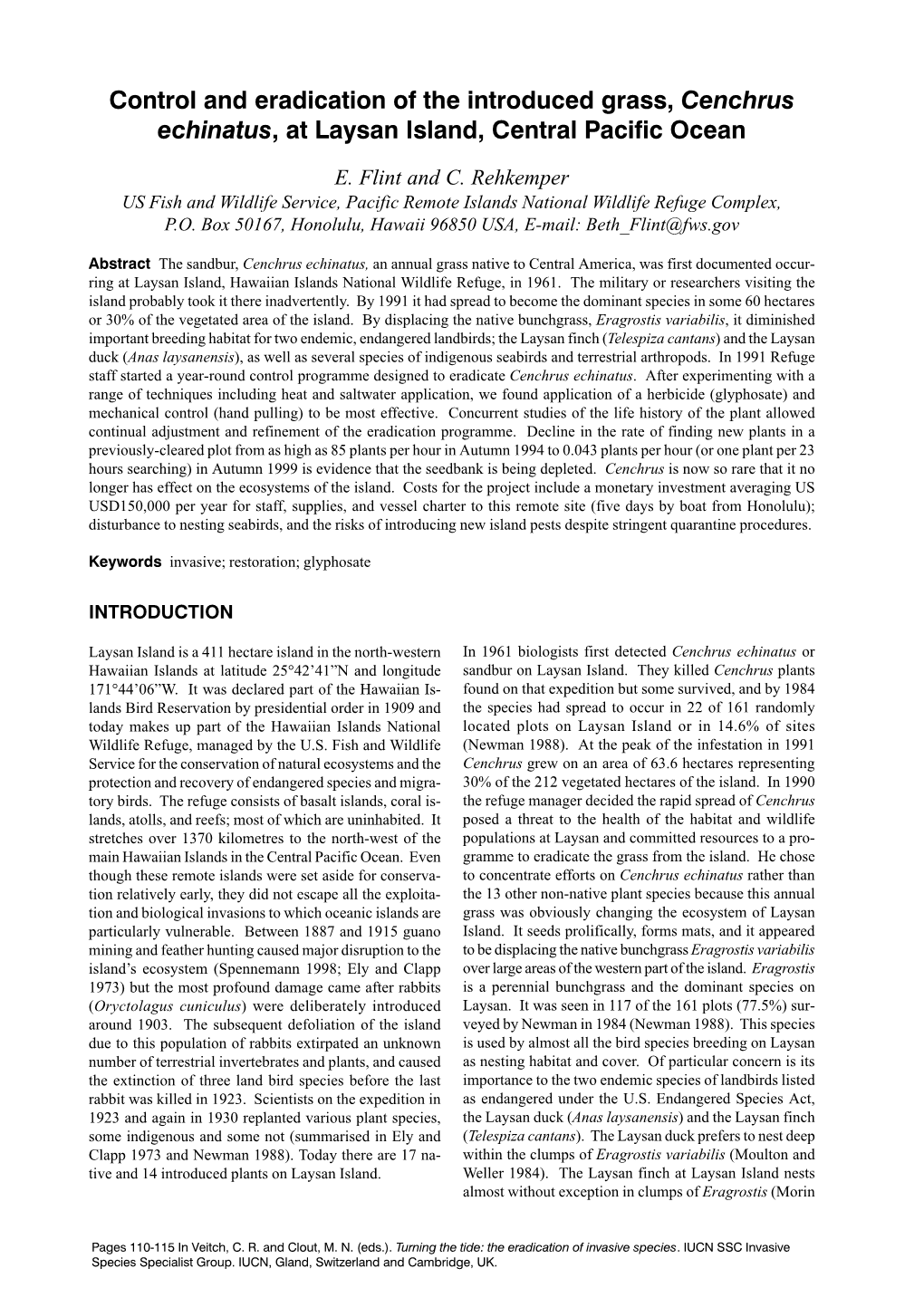 Control and Eradication of the Introduced Grass, Cenchrus Echinatus, at Laysan Island, Central Pacific Ocean