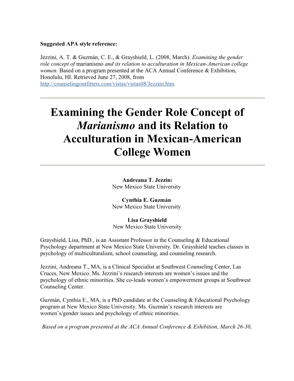 Examining The Gender Role Concept Of Marianismo And Its Relation To Acculturation In Mexican-American College Women