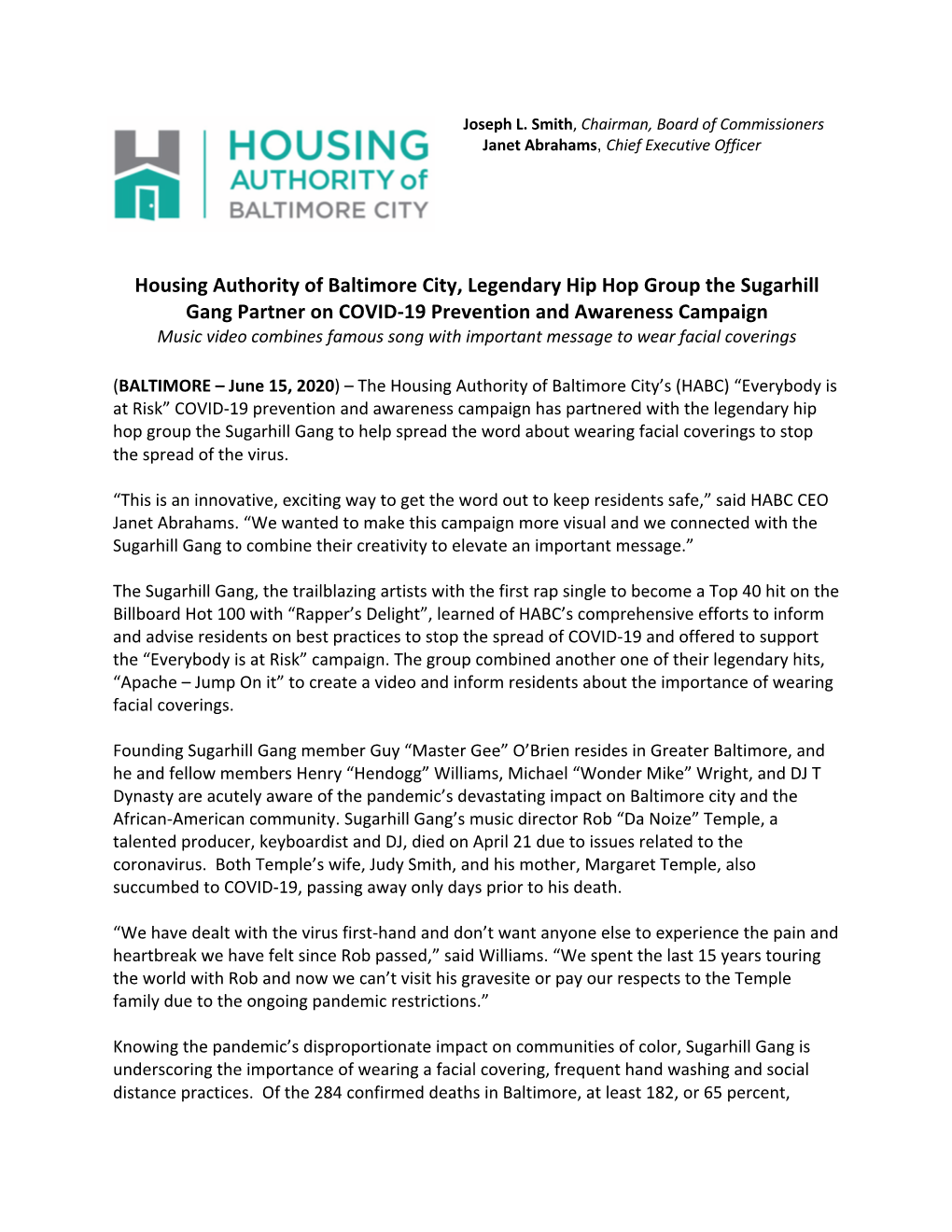 Housing Authority of Baltimore City, Legendary Hip Hop Group the Sugarhill Gang Partner on COVID-19 Prevention and Awareness