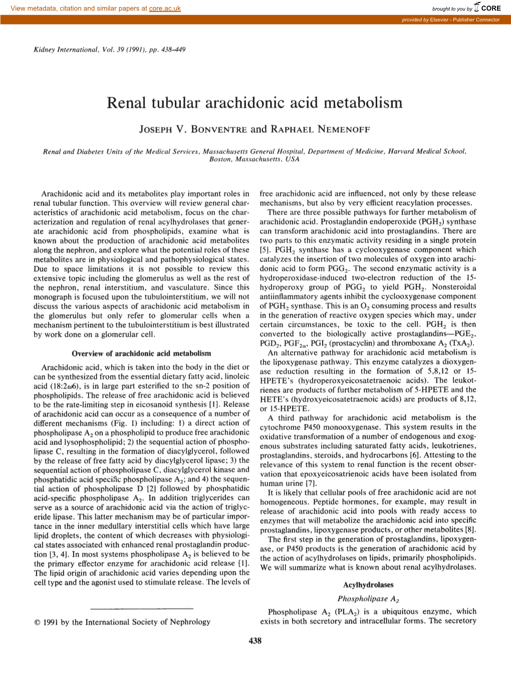 Renal Tubular Arachidonic Acid Metabolism