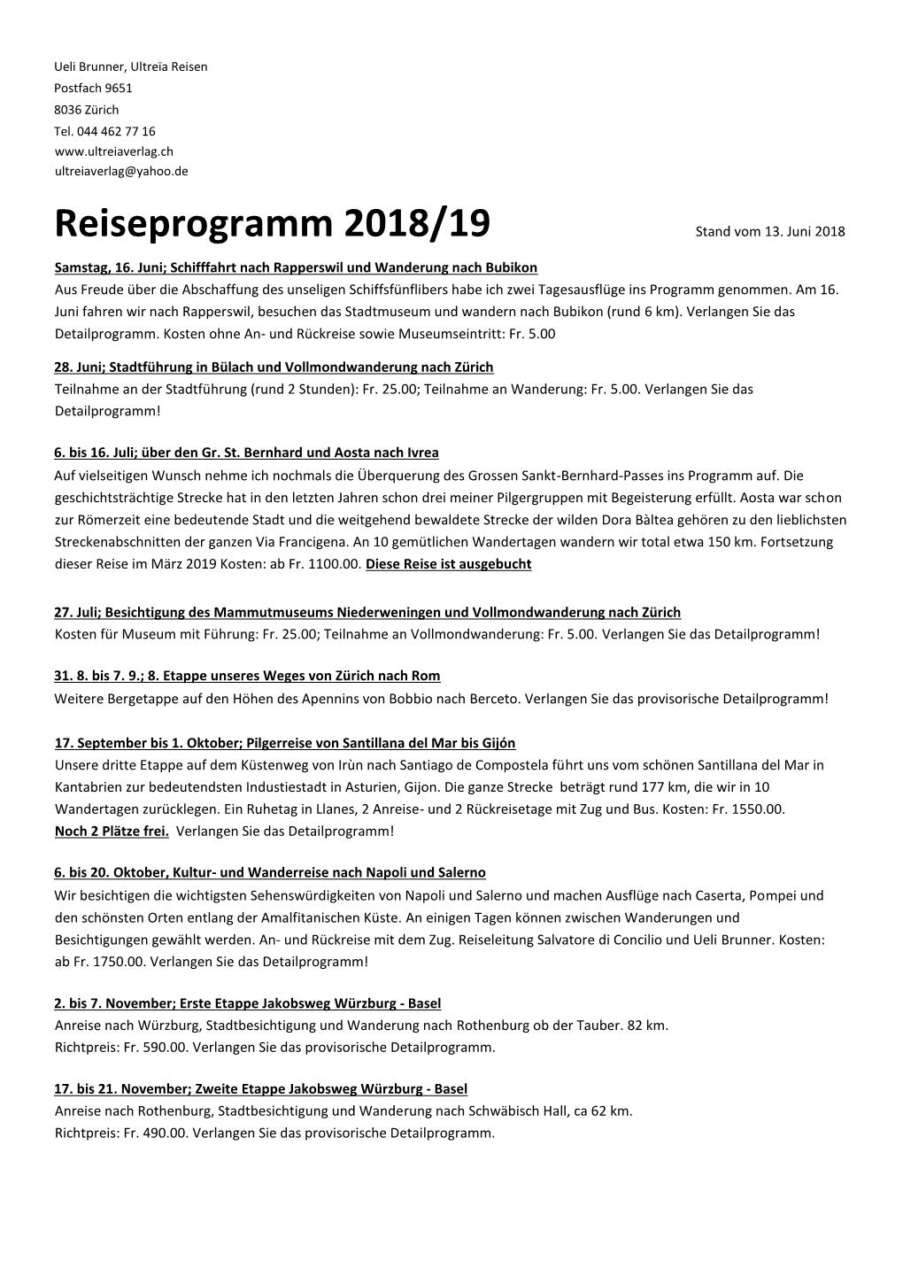 Reiseprogramm 2018/19 Stand Vom 13