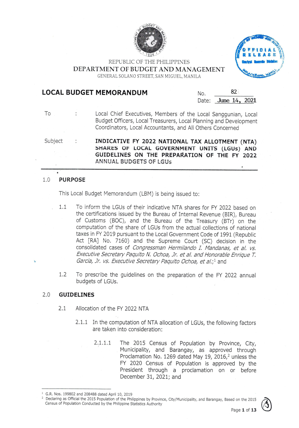 LOCAL BUDGET MEMORANDUM No. 82 Date: June 14, 2021