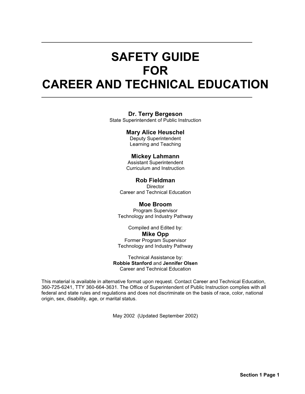 Safety Guide for Career and Technical Education