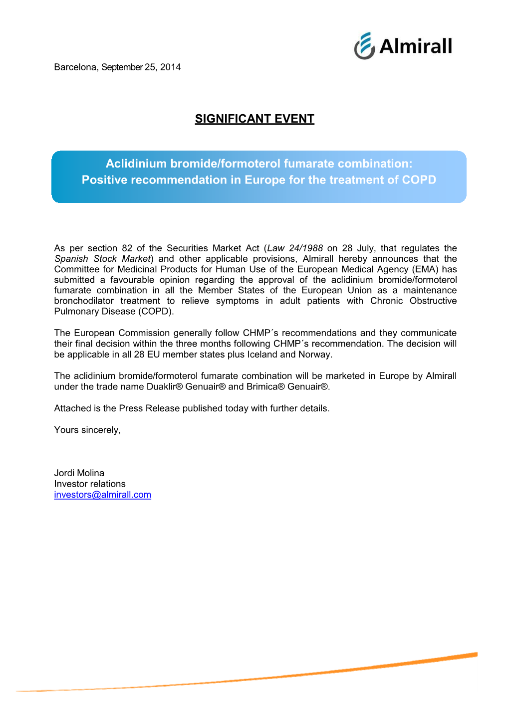 SIGNIFICANT EVENT Aclidinium Bromide/Formoterol