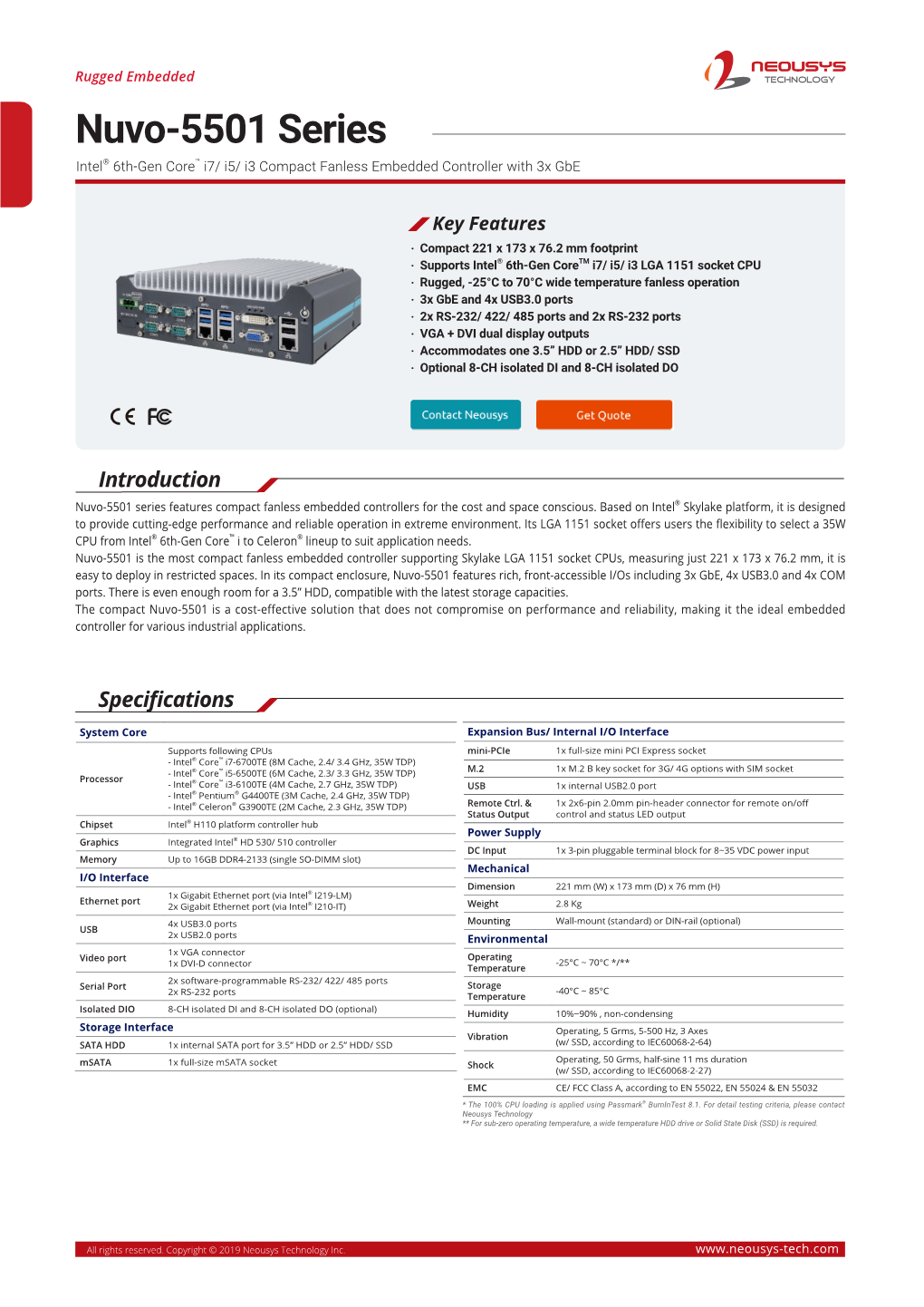 Nuvo-5501 Series Intel® 6Th-Gen Core™ I7/ I5/ I3 Compact Fanless Embedded Controller with 3X Gbe