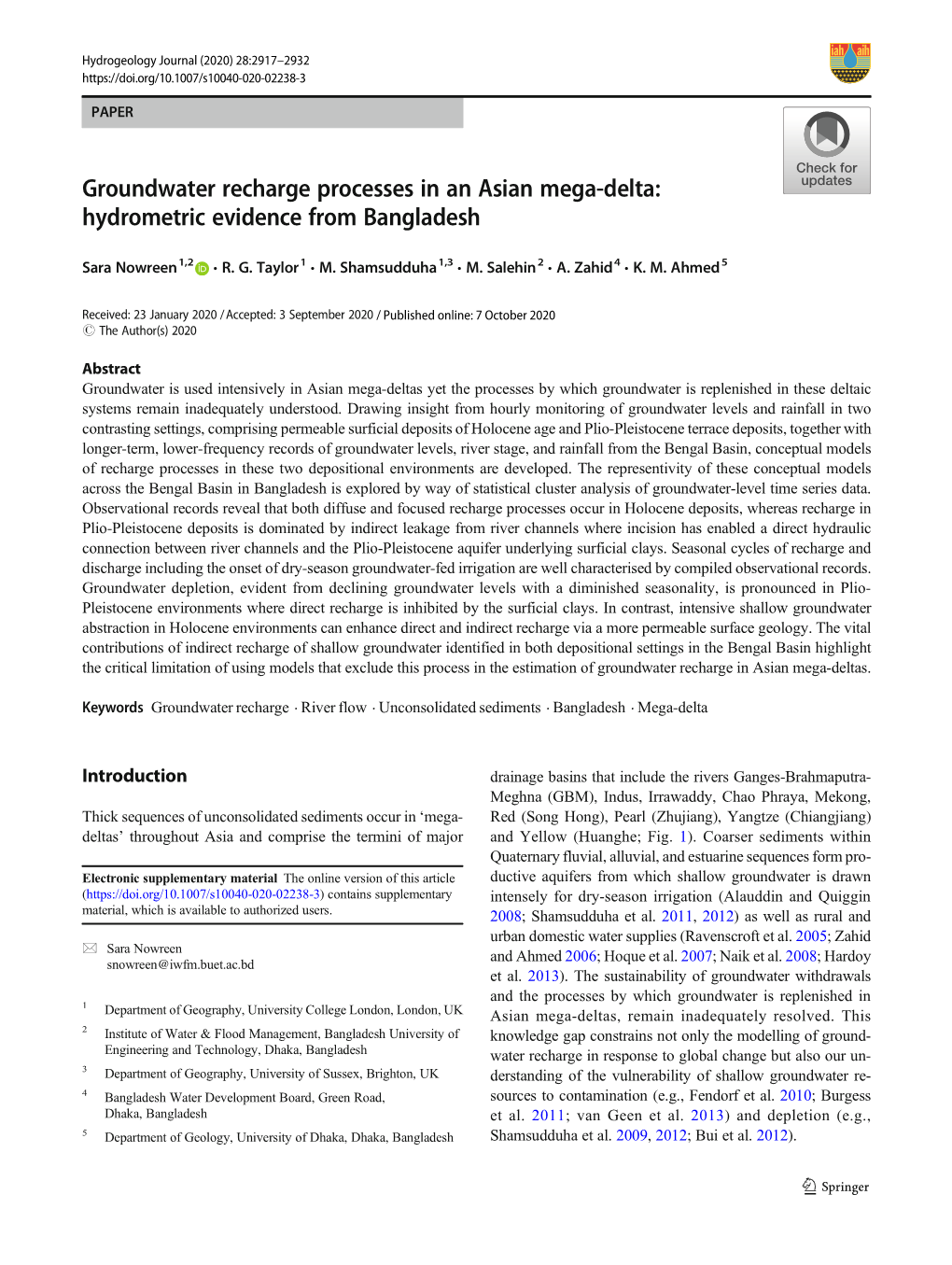 Groundwater Recharge Processes in an Asian Mega-Delta: Hydrometric Evidence from Bangladesh