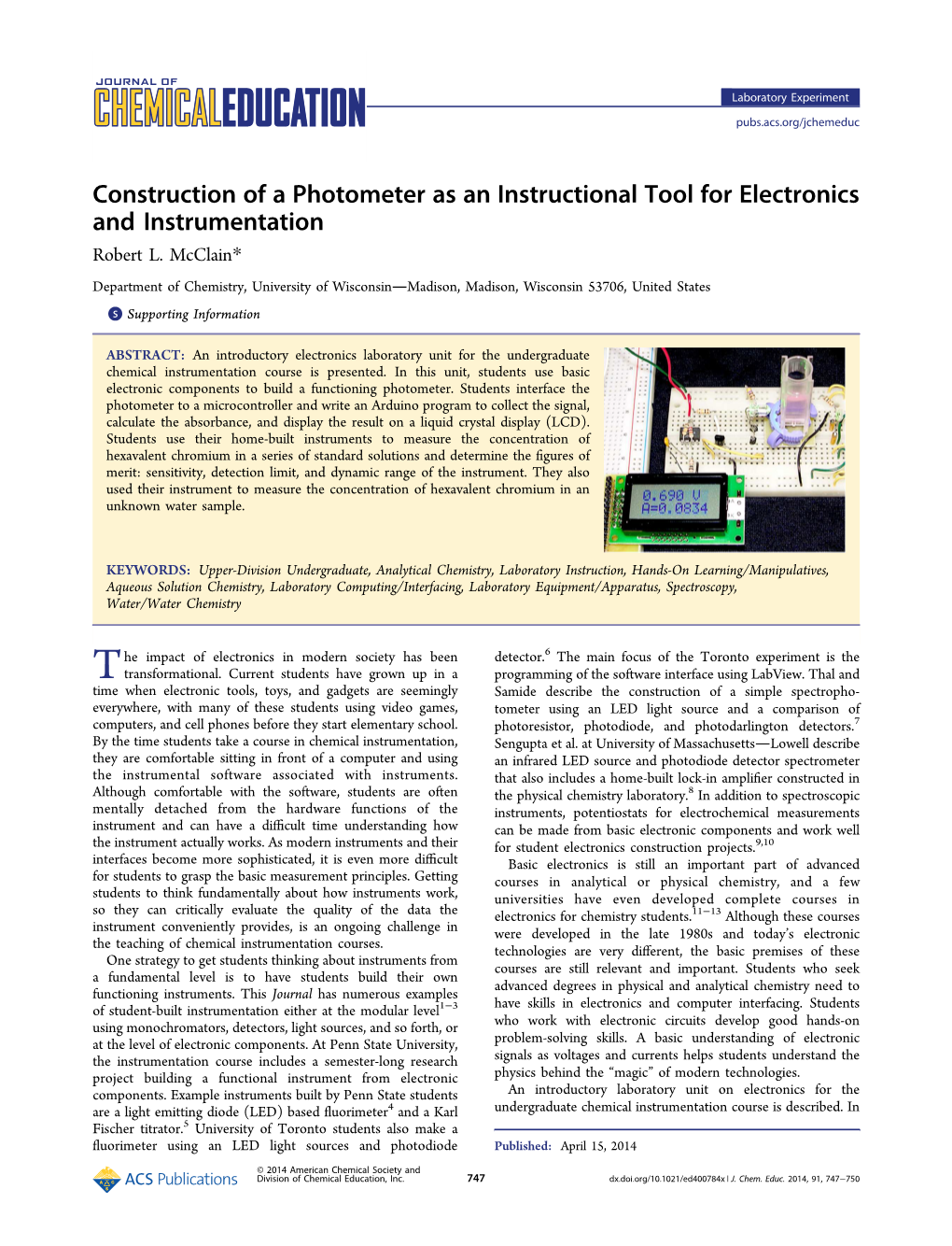 Construction of a Photometer As an Instructional Tool for Electronics and Instrumentation Robert L