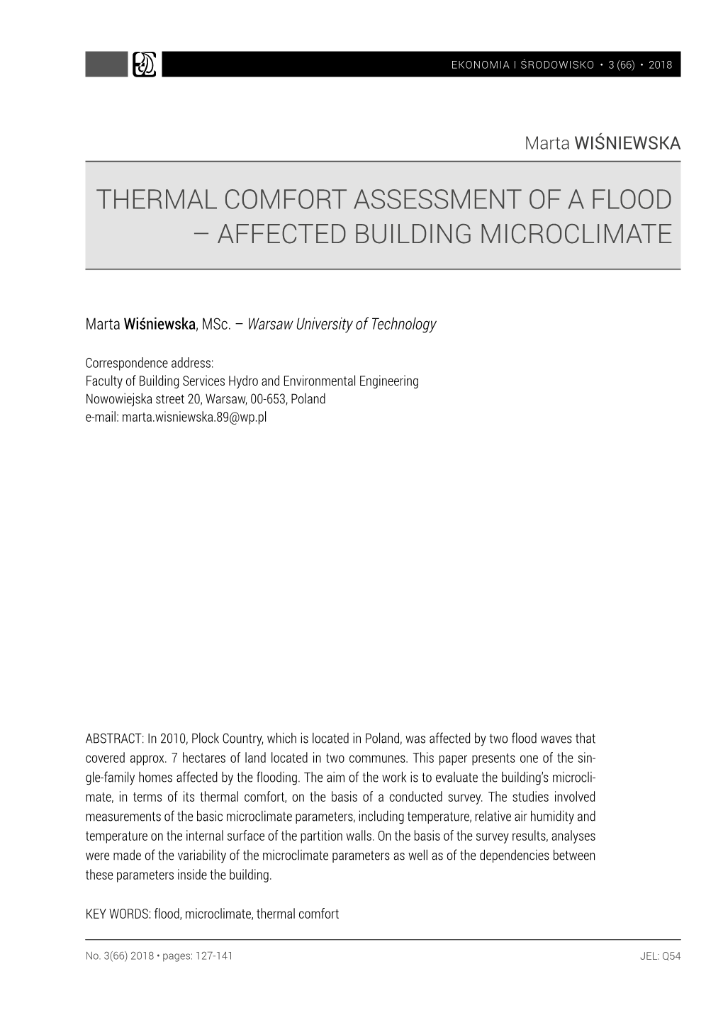 Thermal Comfort Assessment of a Flood – Affected Building Microclimate