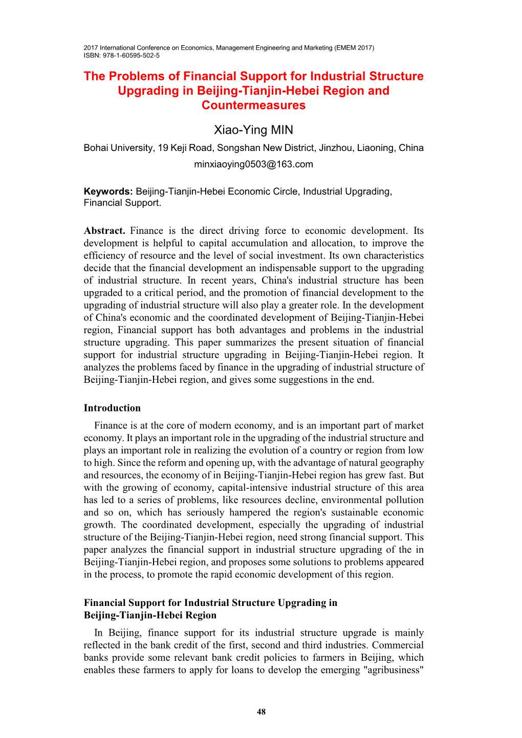 The Problems of Financial Support for Industrial Structure Upgrading in Beijing-Tianjin-Hebei Region and Countermeasures