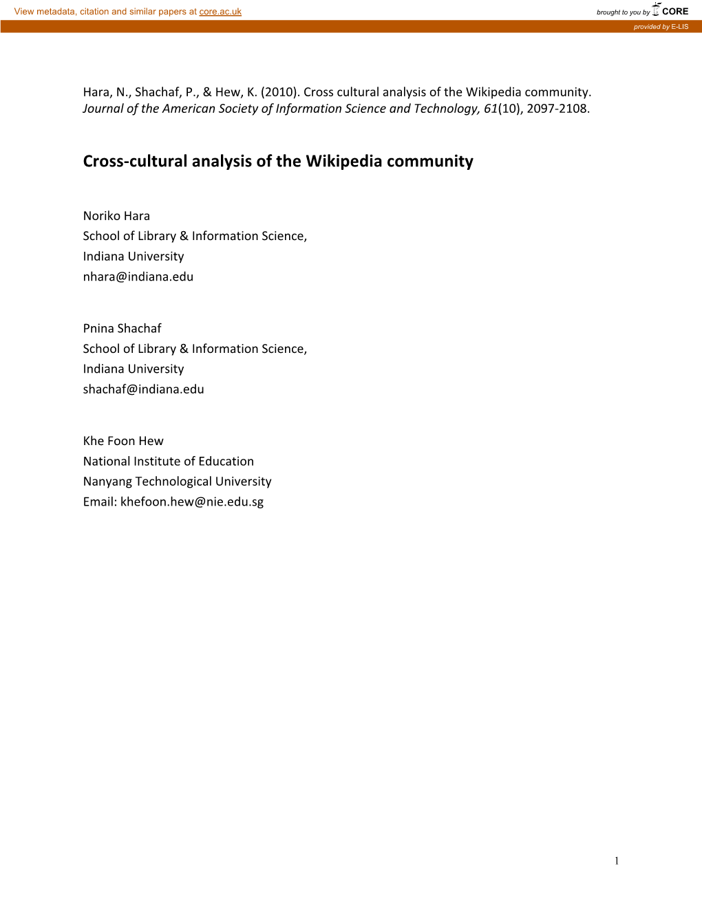 Cross‐Cultural Analysis of the Wikipedia Community