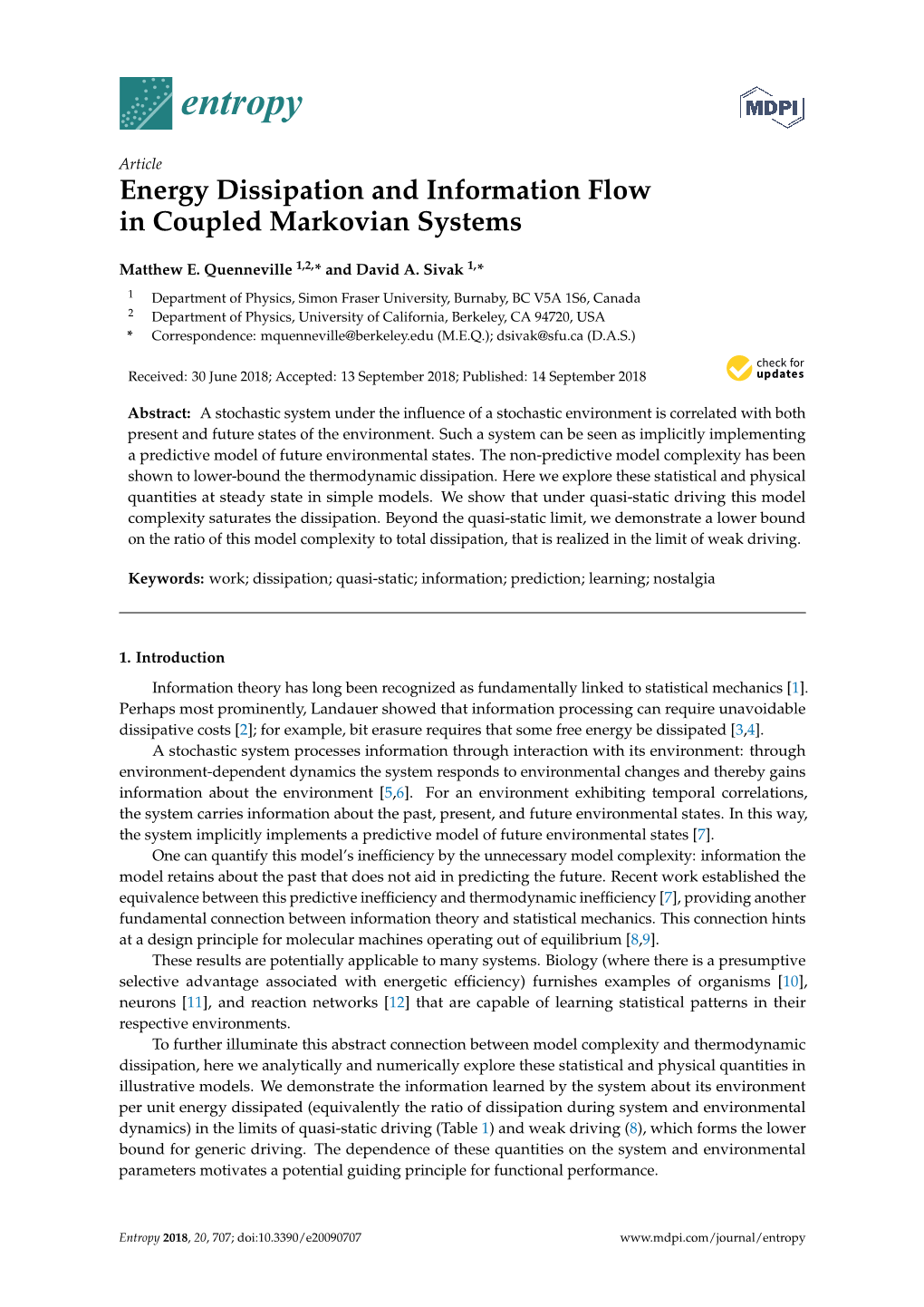 Energy Dissipation and Information Flow in Coupled Markovian Systems
