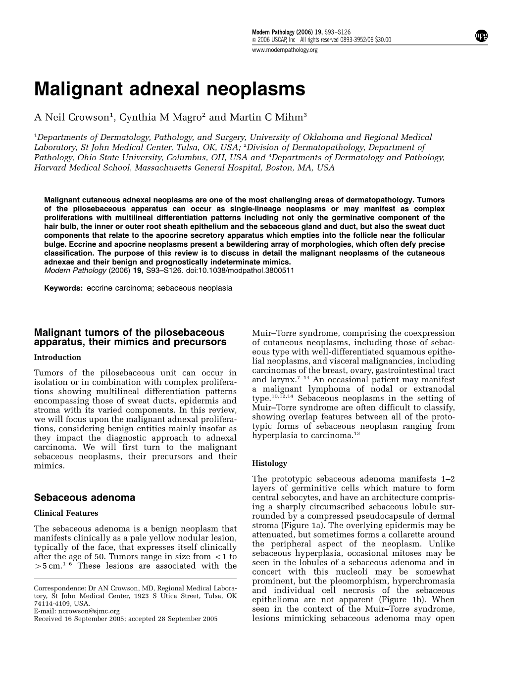 Malignant Adnexal Neoplasms