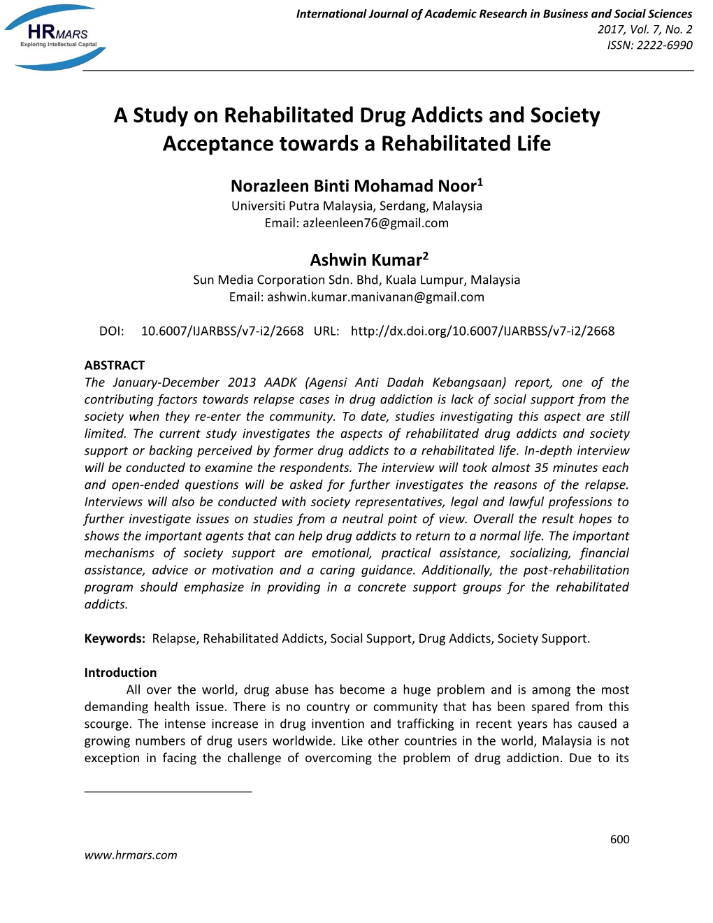 A Study on Rehabilitated Drug Addicts and Society Acceptance Towards a Rehabilitated Life