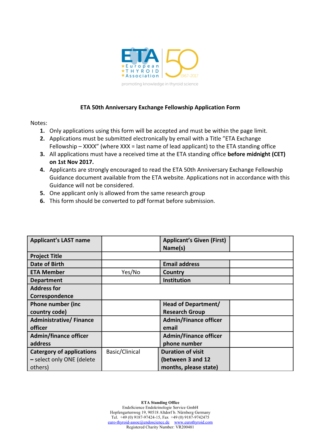 ETA 50Th Anniversary Exchange Fellowship Application Form