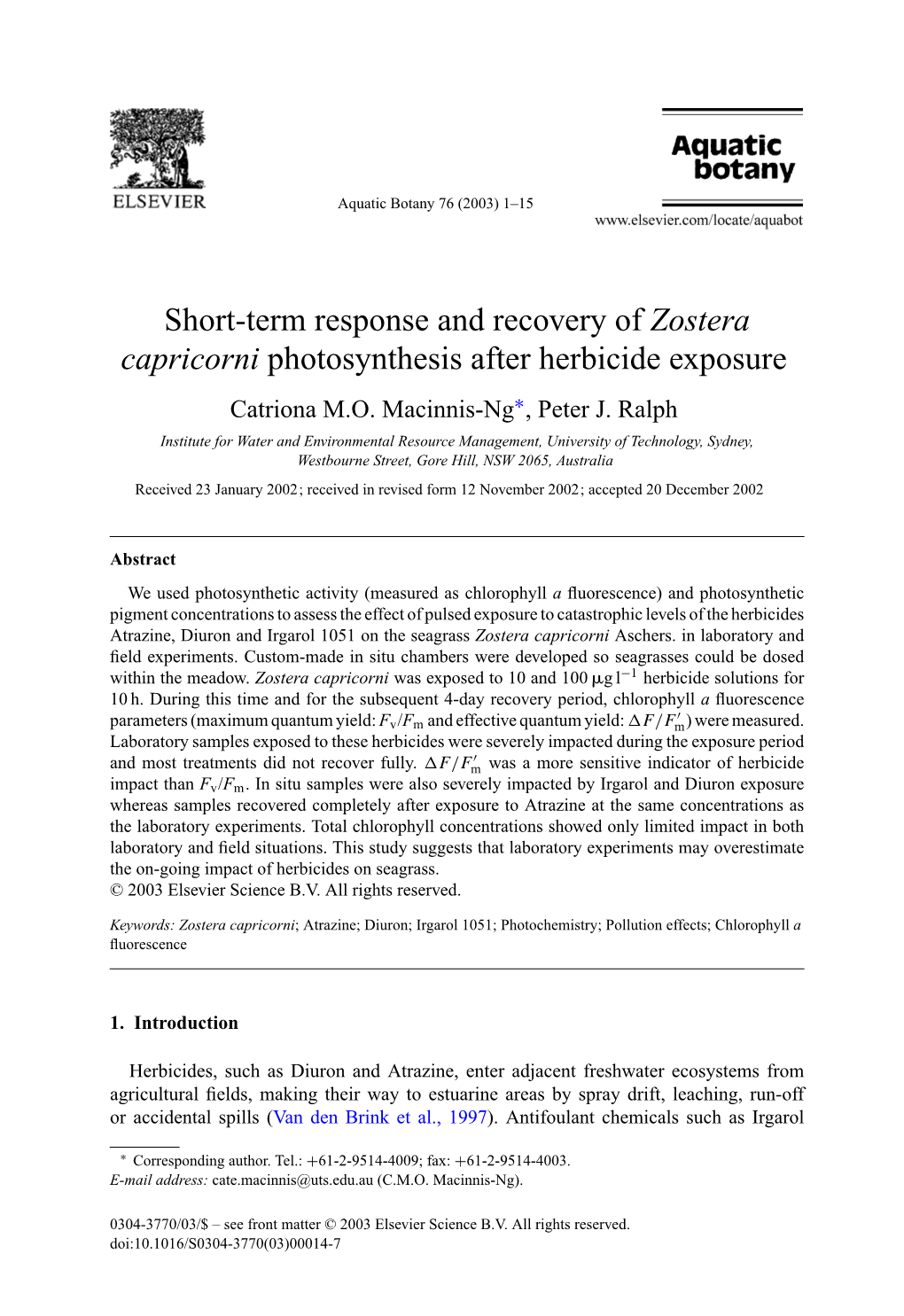 Short-Term Response and Recovery of Zostera Capricorni Photosynthesis After Herbicide Exposure Catriona M.O