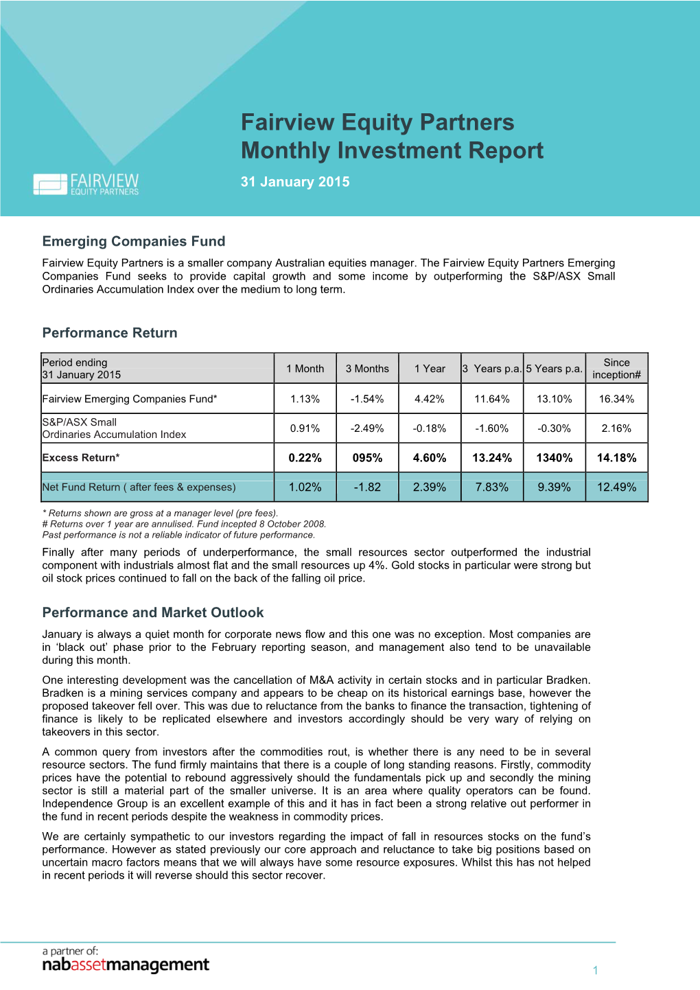 Fairview Equity Partners Monthly Investment Report 31 January 2015