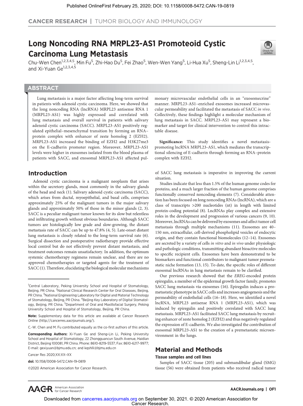 Long Noncoding RNA MRPL23-AS1 Promoteoid Cystic Carcinoma Lung