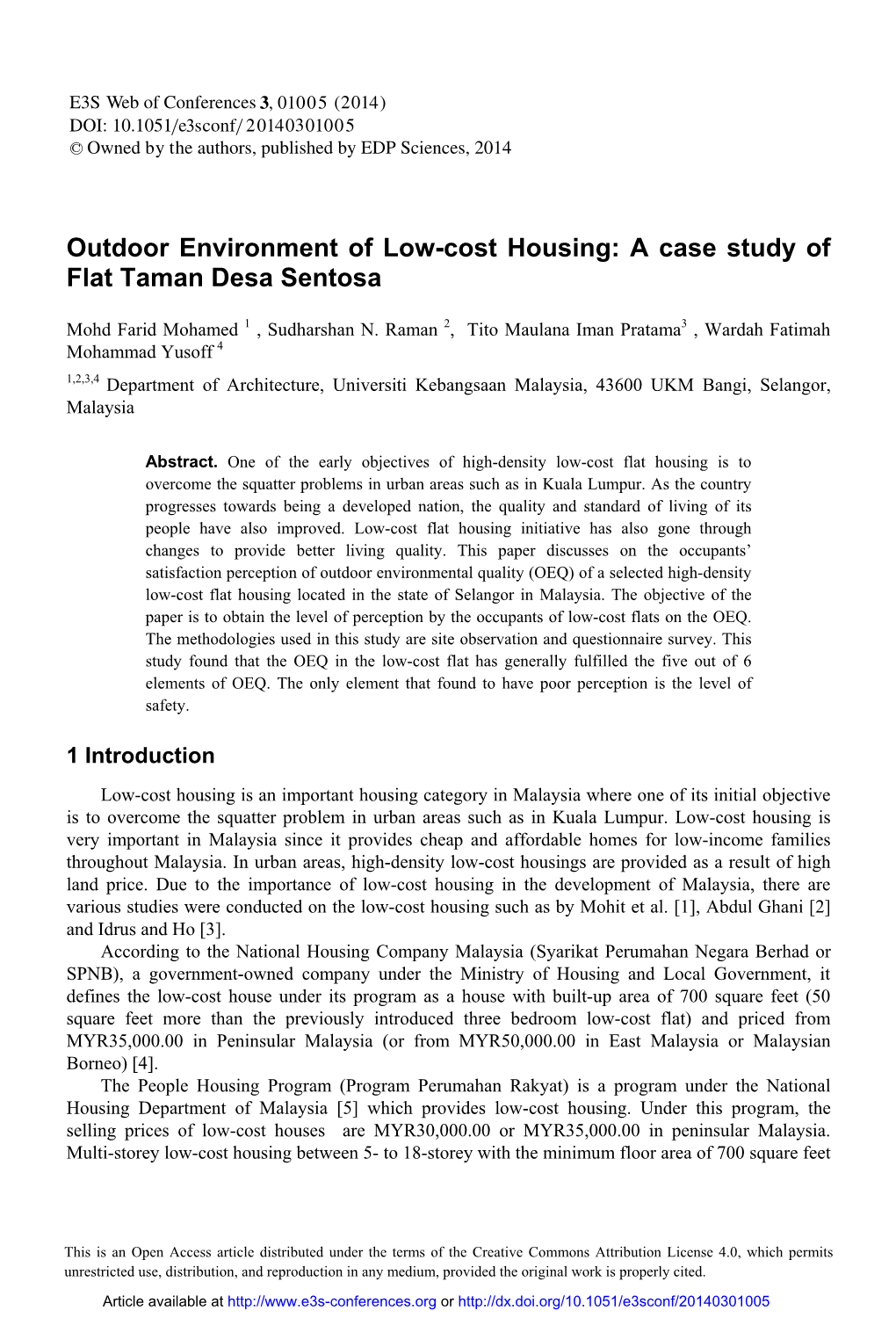 Outdoor Environment of Low-Cost Housing: a Case Study of Flat Taman Desa Sentosa