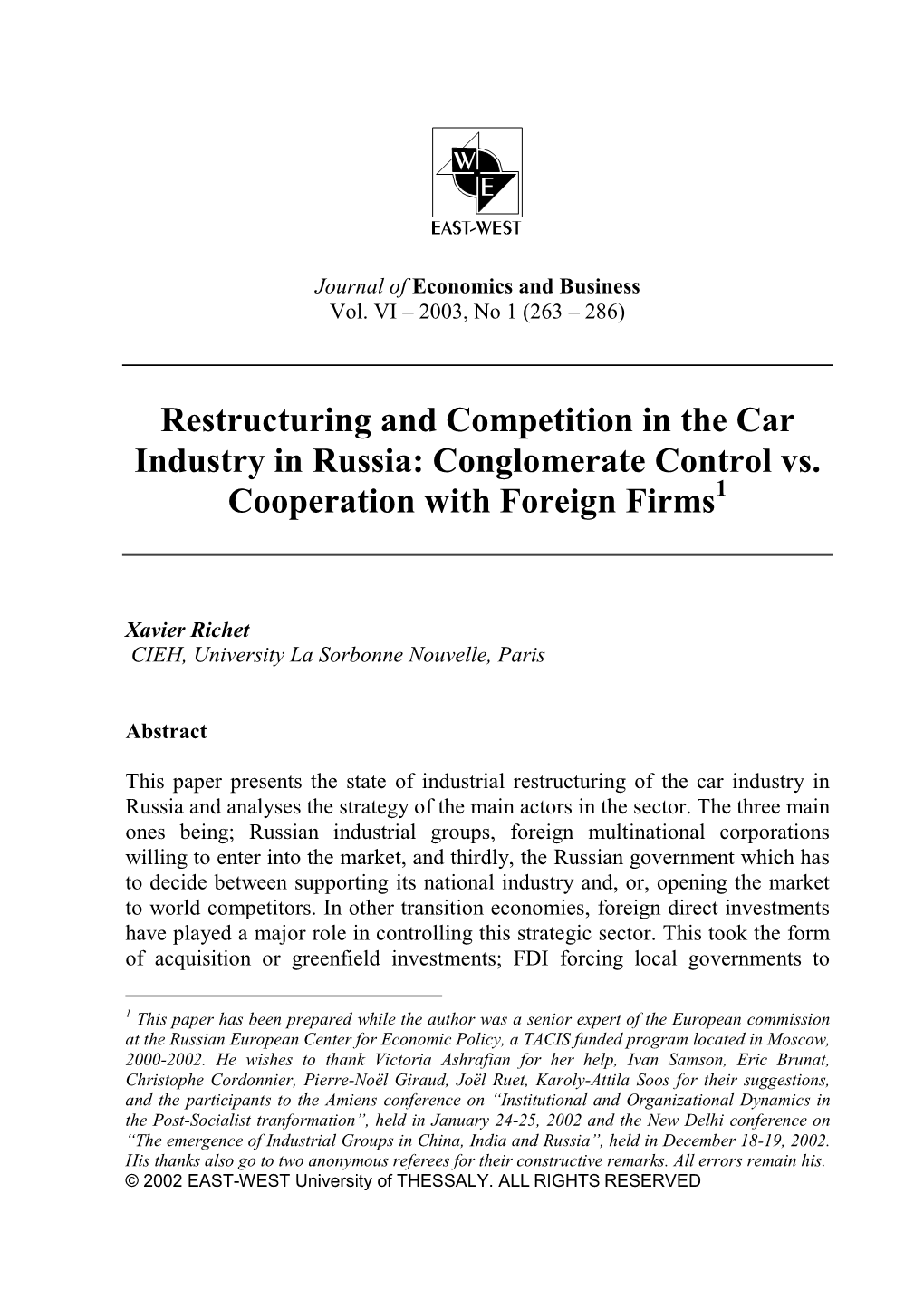 Restructuring and Competition in the Car Industry in Russia: Conglomerate Control Vs