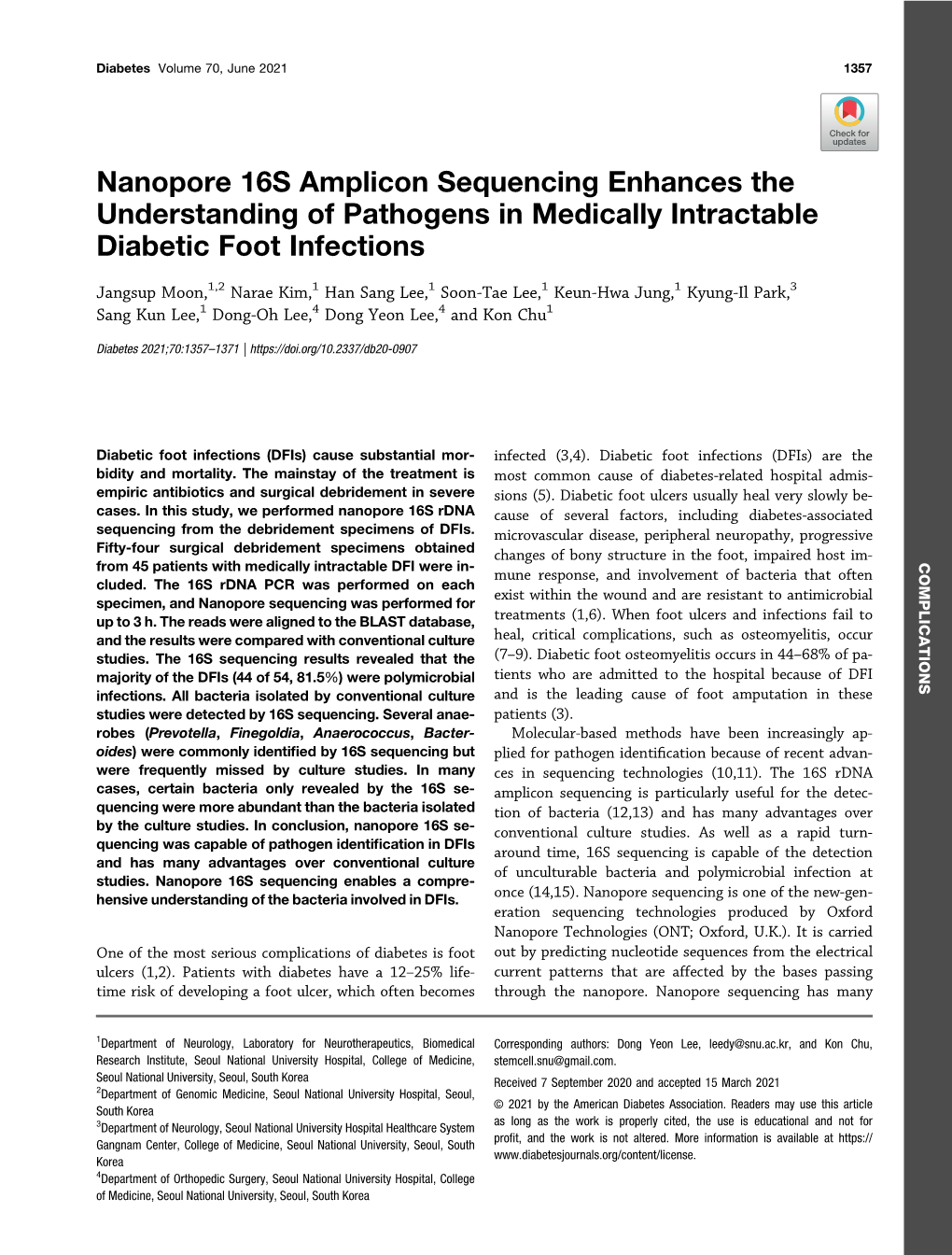 Nanopore 16S Amplicon Sequencing Enhances the Understanding of Pathogens in Medically Intractable Diabetic Foot Infections