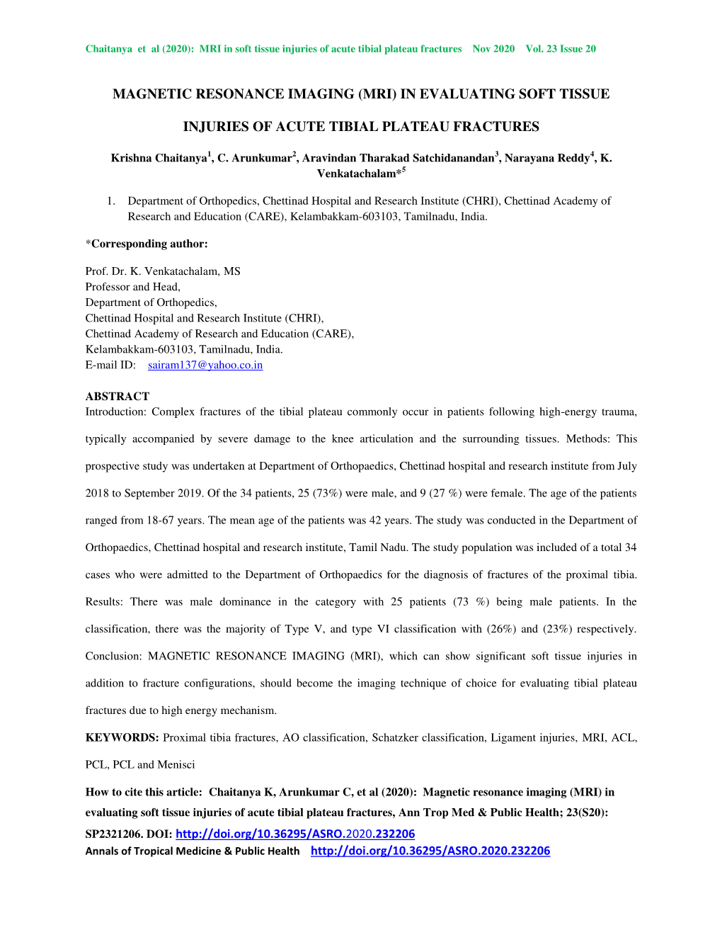 In Evaluating Soft Tissue Injuries of Acute Tibial Plateau Fractures, Ann Trop Med & Public Health; 23(S20): SP2321206