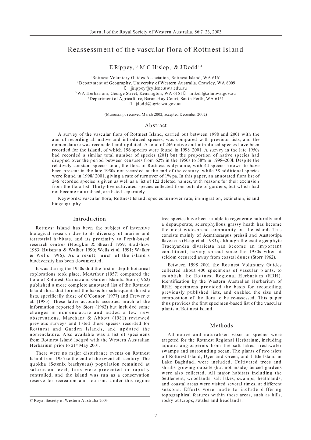 Reassessment of the Vascular Flora of Rottnest Island