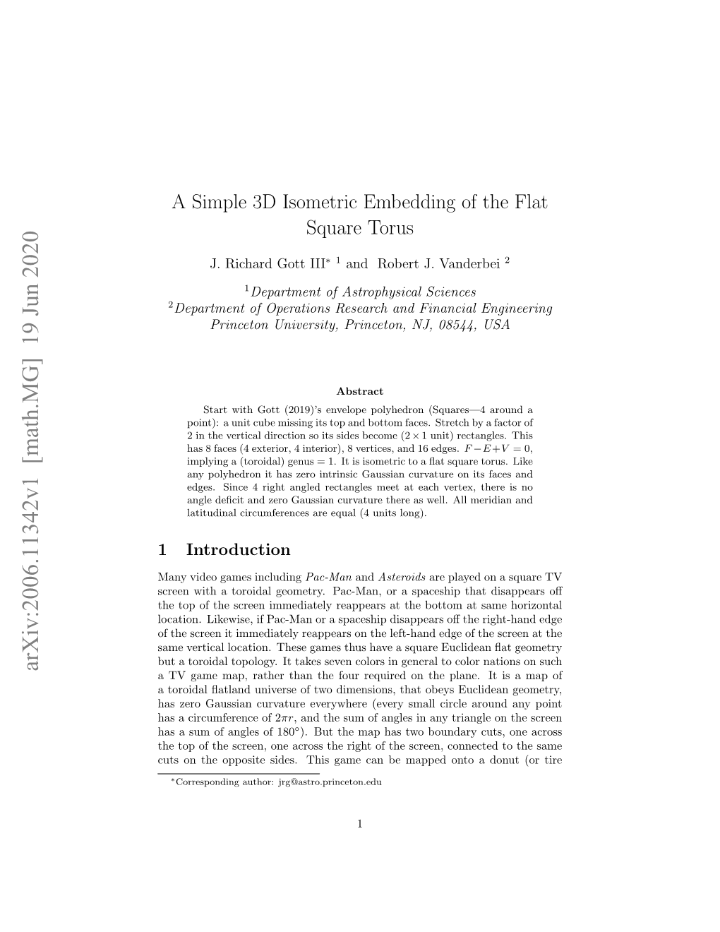 Arxiv:2006.11342V1 [Math.MG] 19 Jun 2020 a TV Game Map, Rather Than the Four Required on the Plane