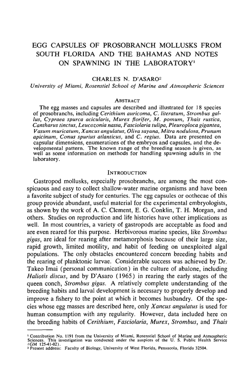 Egg Capsules of Prosobranch Mollusks from South Florida and the Bahamas and Notes on Spawning in the Laboratory]