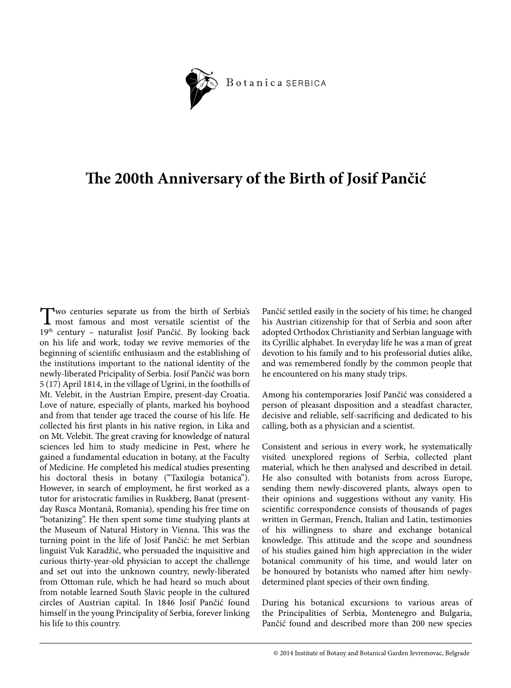 The 200Th Anniversary of the Birth of Josif Pančić