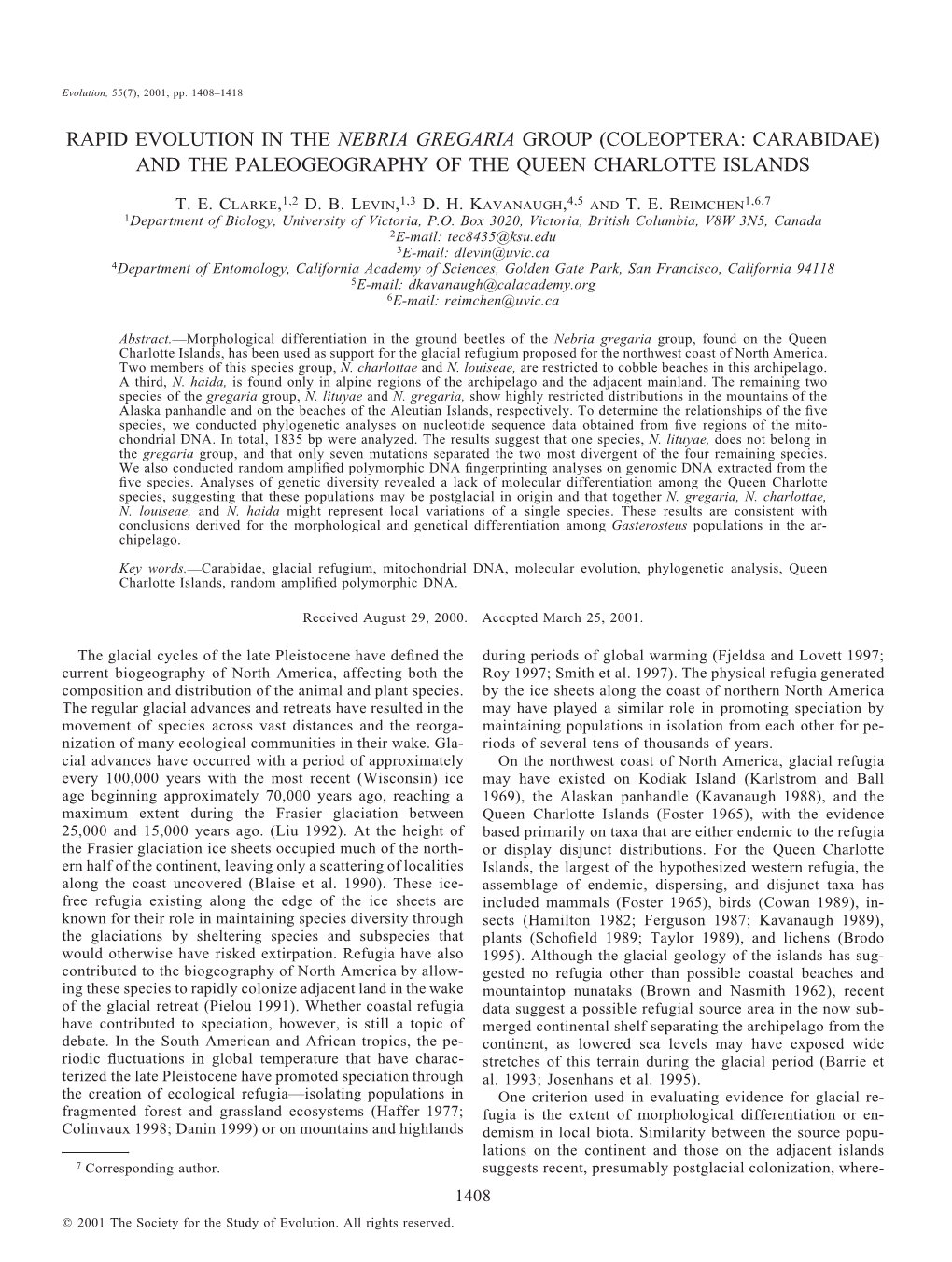 Rapid Evolution in the Nebria Gregaria Group (Coleoptera: Carabidae) and the Paleogeography of the Queen Charlotte Islands