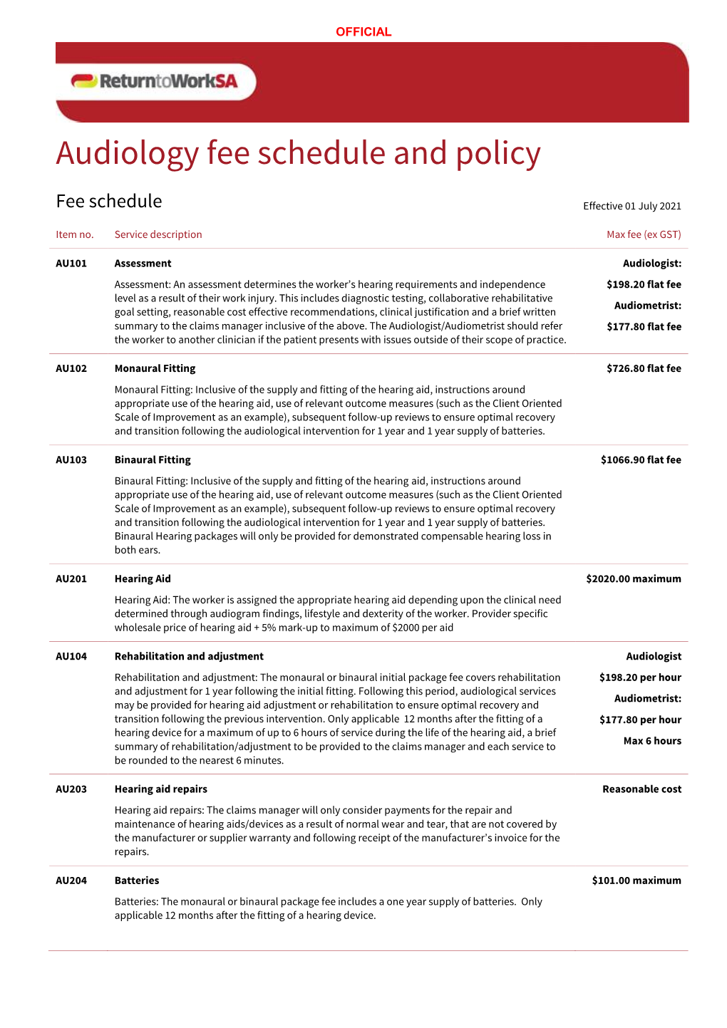 Audiology Fee Schedule and Policy