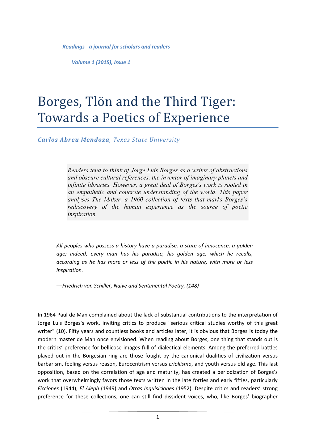 Borges, Tlo N and the Third Tiger: Towards a Poetics of Experience