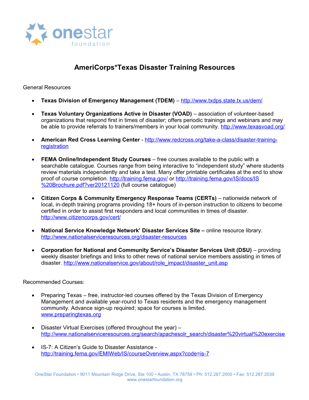 Americorps*Texas Disaster Training Resources