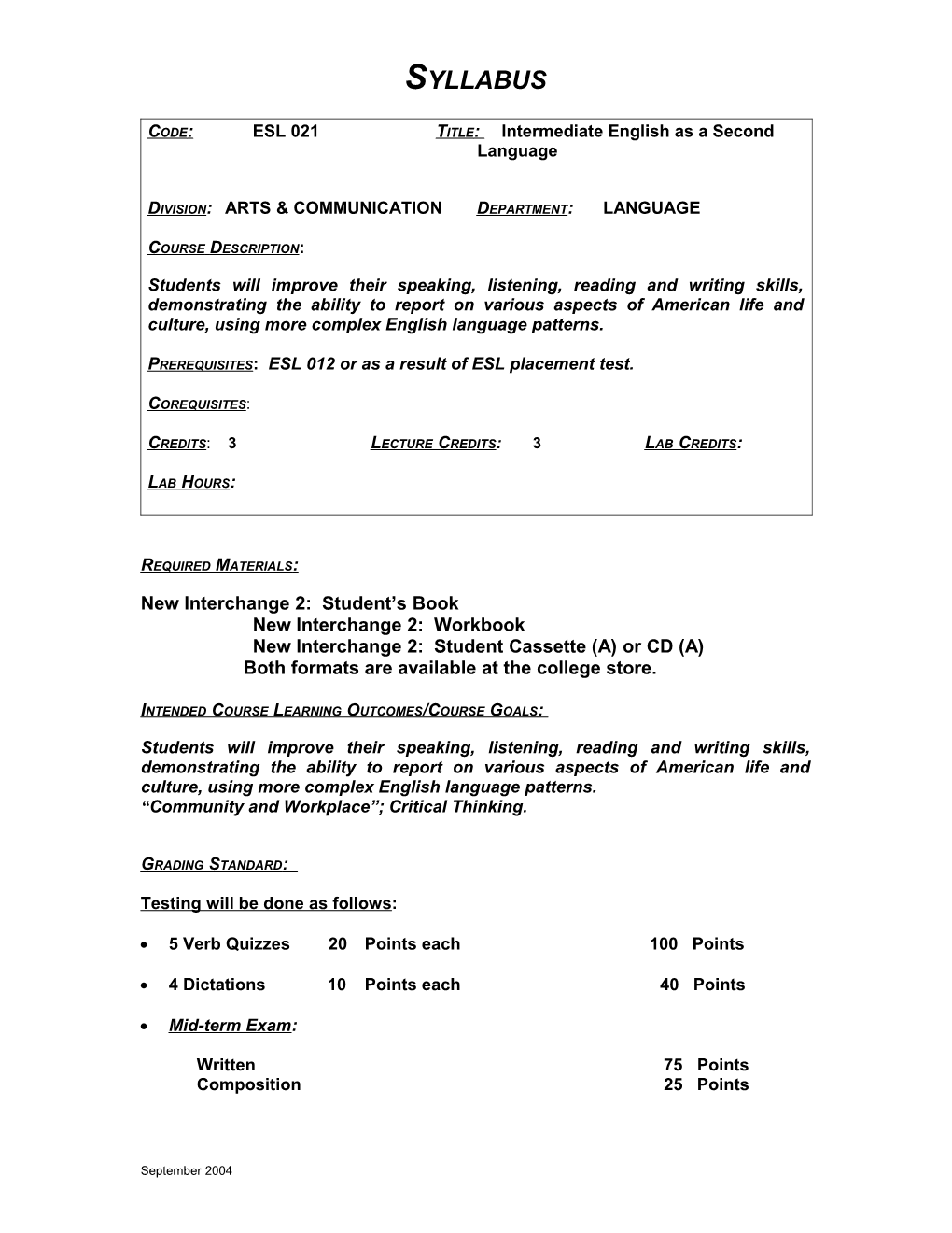 Code: ESL 021 Title: Intermediate English As a Second