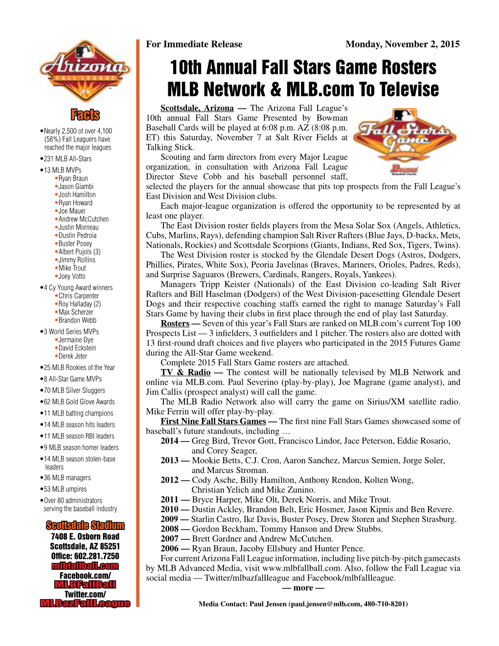 10Th Annual Fall Stars Game Rosters MLB Network & MLB.Com to Televise