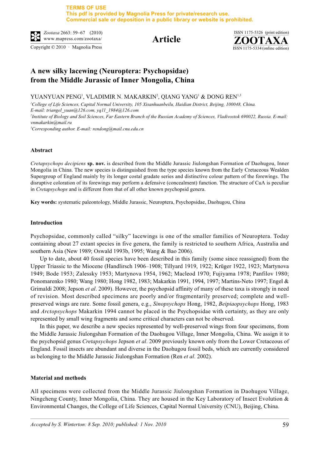 A New Silky Lacewing (Neuroptera: Psychopsidae) from the Middle Jurassic of Inner Mongolia, China