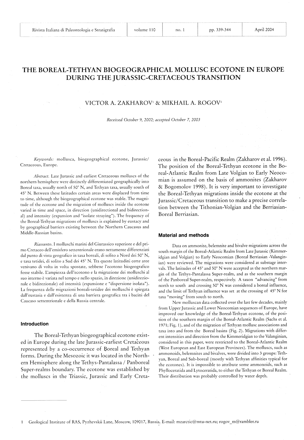 The Boreal-Tethyan Biogeographical Mollusc Ecotone in Europe During the Jurassic-Cretaceous Transition