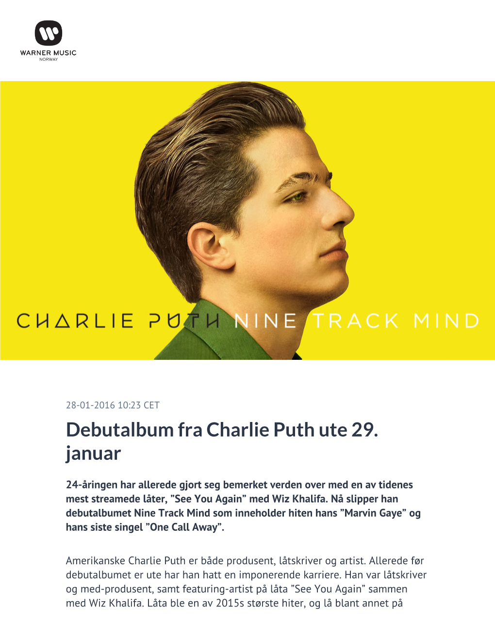 Debutalbum Fra Charlie Puth Ute 29. Januar