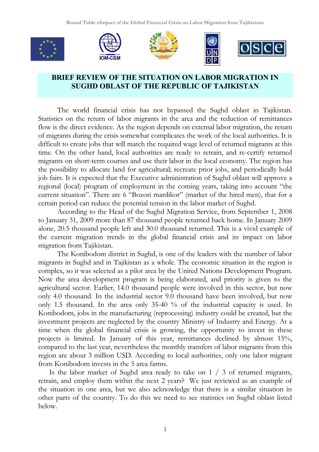 Brief Review of the Situation on Labor Migration in Sughd Oblast of the Republic of Tajikistan