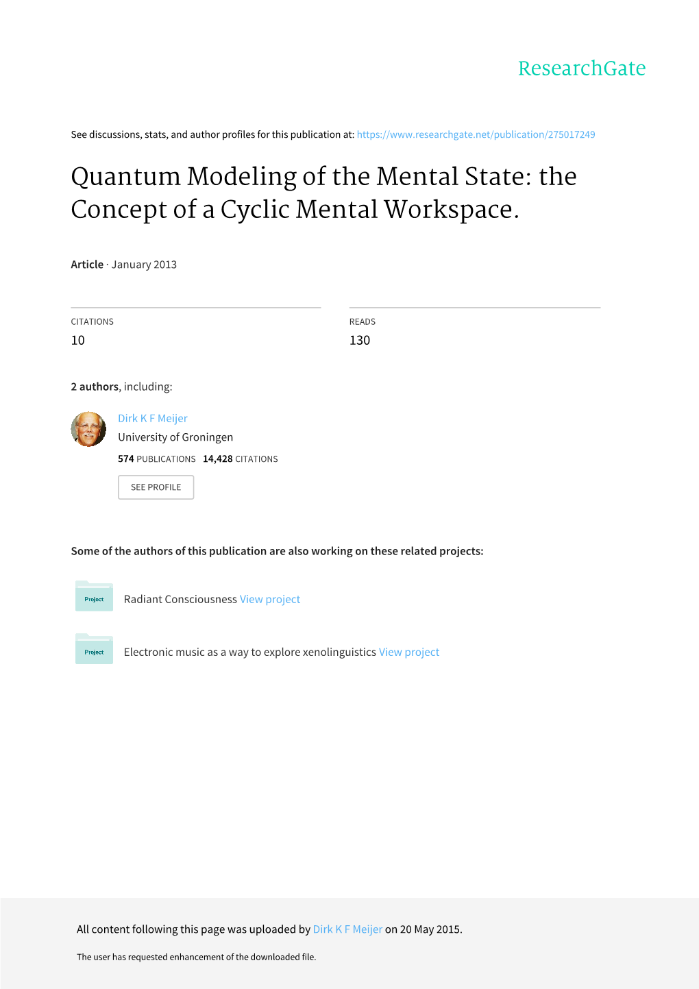 Quantum Modeling of the Mental State: the Concept of a Cyclic Mental Workspace