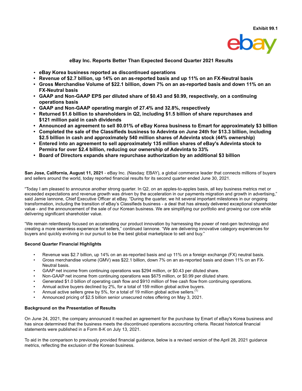 Ebay Inc. Reports Better Than Expected Second Quarter 2021 Results