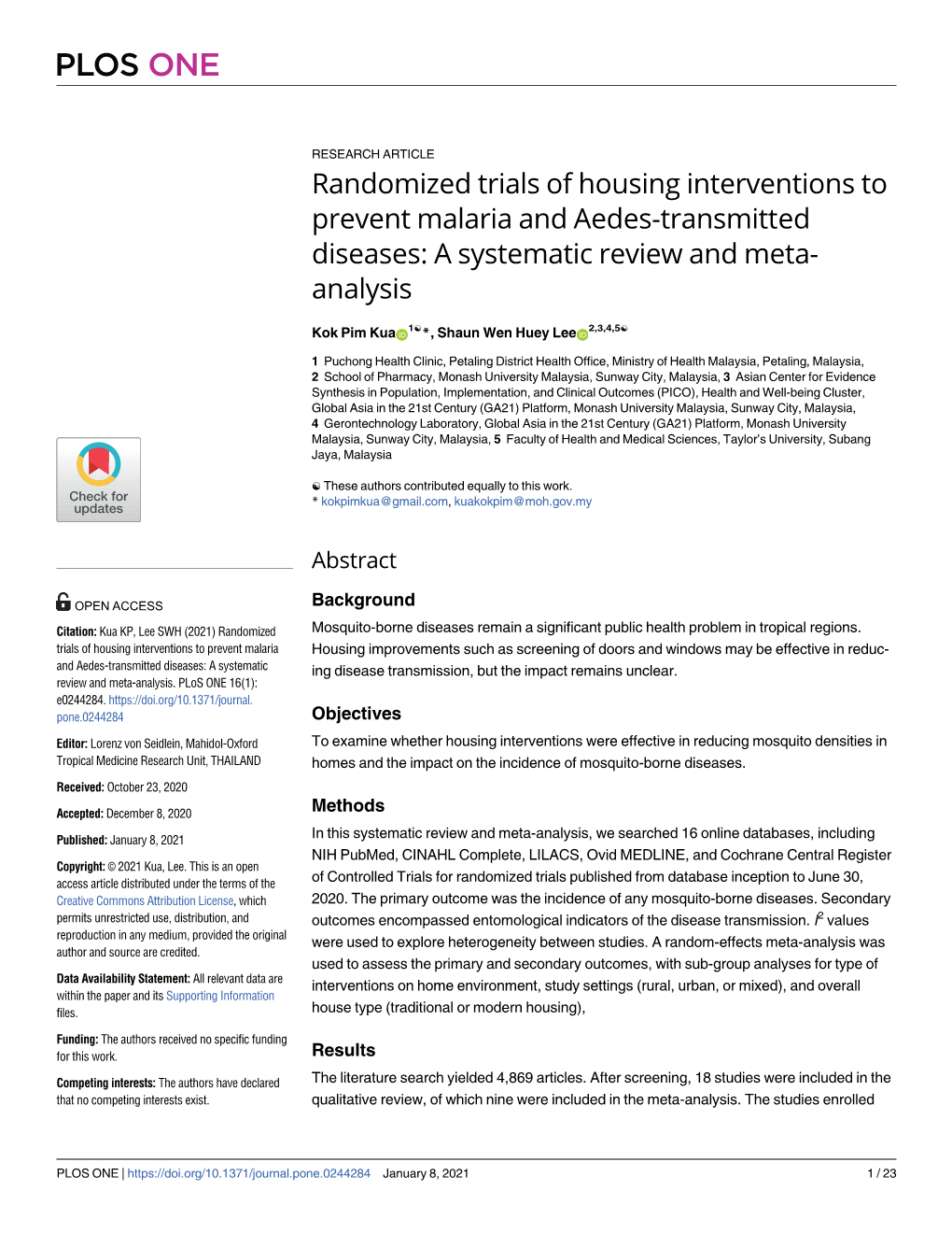Randomized Trials of Housing Interventions to Prevent Malaria and Aedes-Transmitted Diseases: a Systematic Review and Meta- Analysis