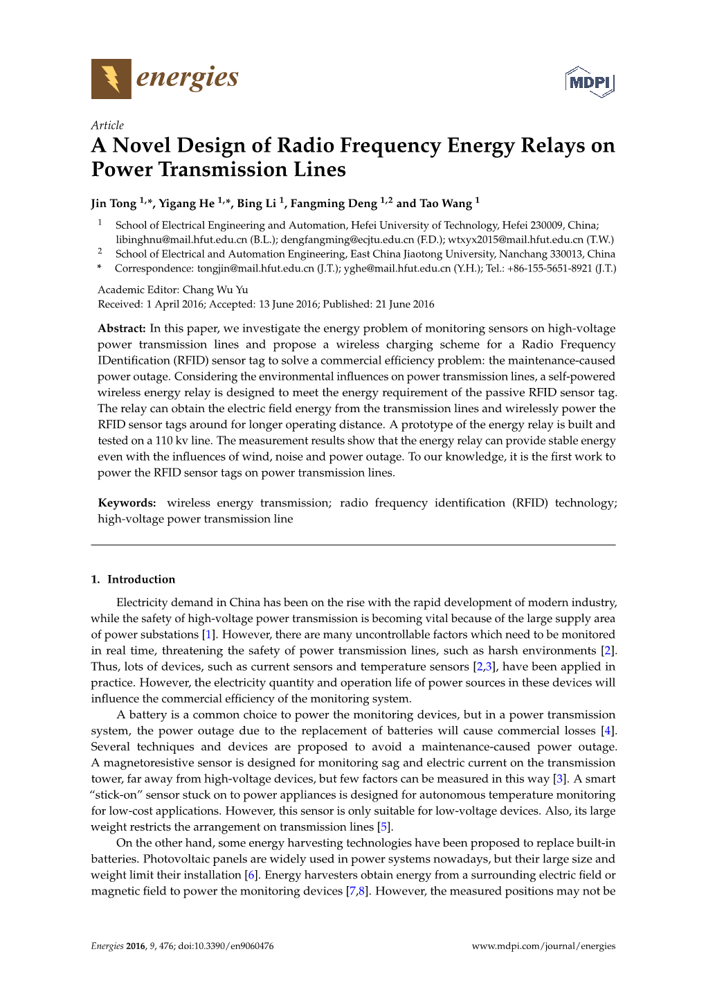 A Novel Design of Radio Frequency Energy Relays on Power Transmission Lines