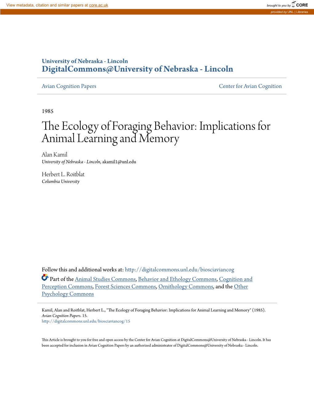 The Ecology of Foraging Behavior: Implications for Animal Learning and Memory