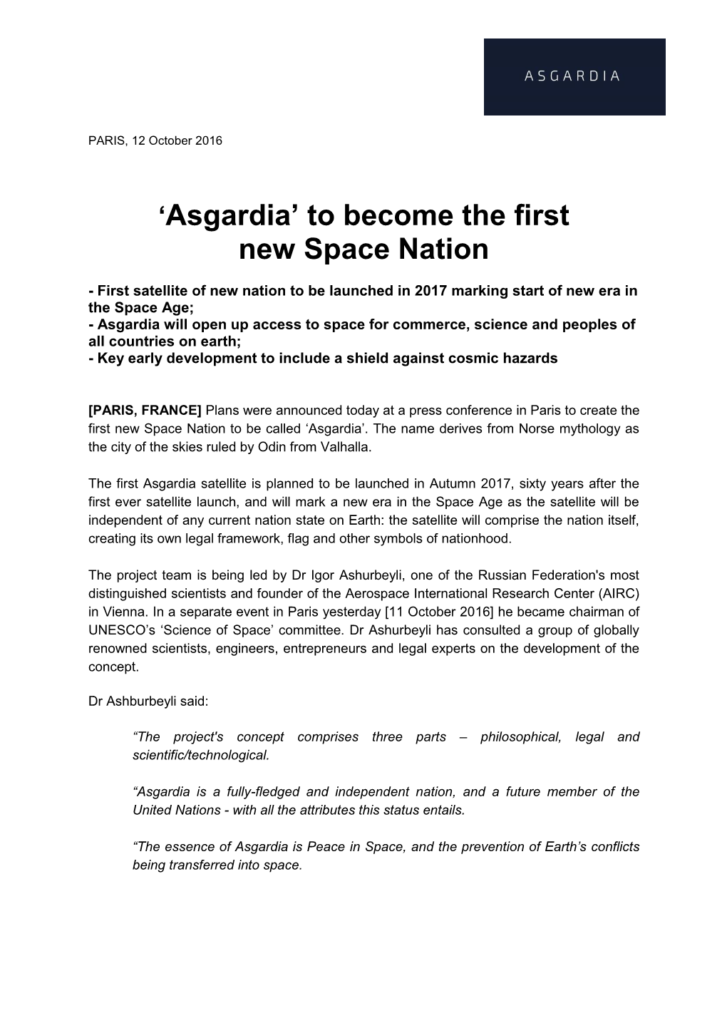 'Asgardia' to Become the First New Space Nation