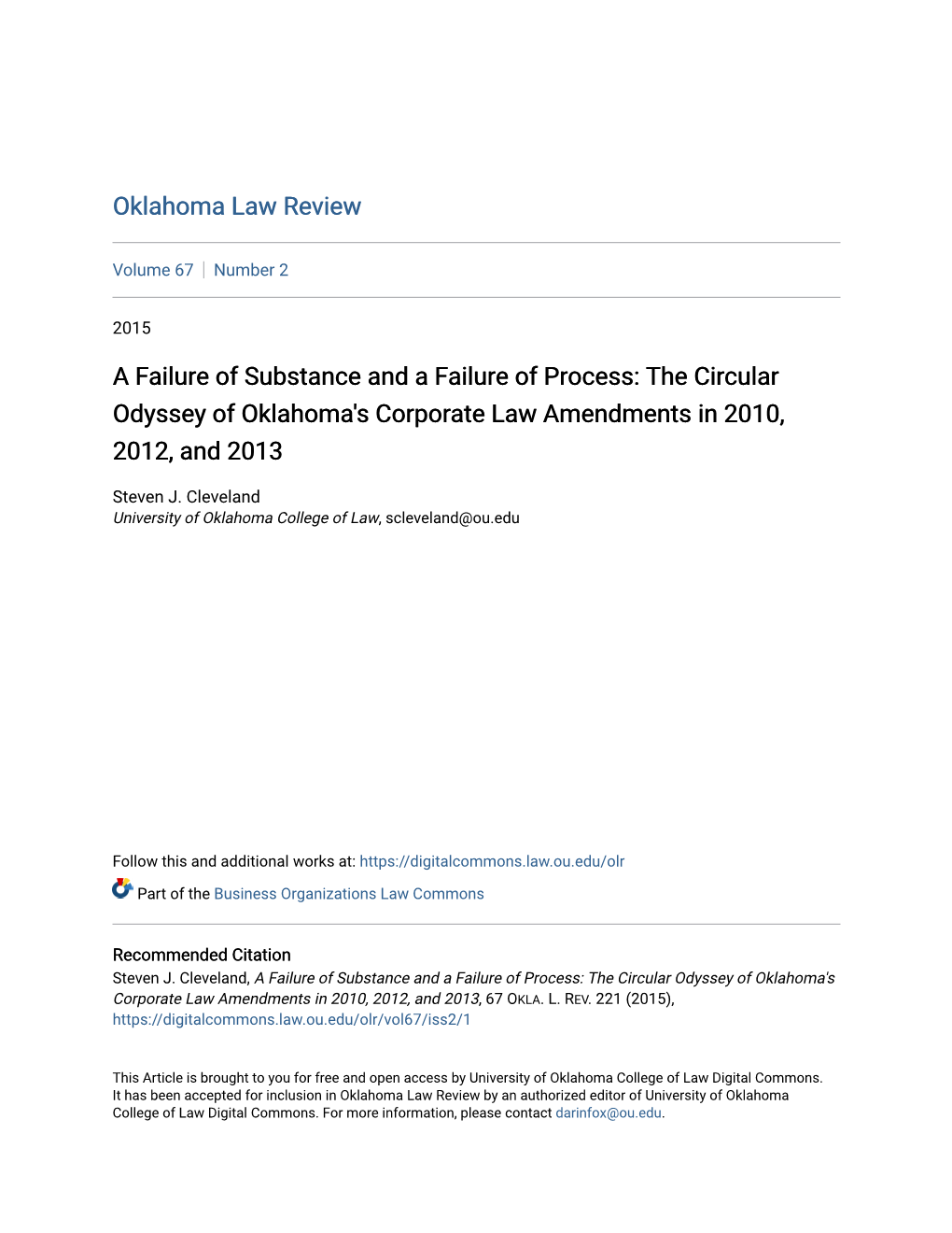 A Failure of Substance and a Failure of Process: the Circular Odyssey of Oklahoma's Corporate Law Amendments in 2010, 2012, and 2013