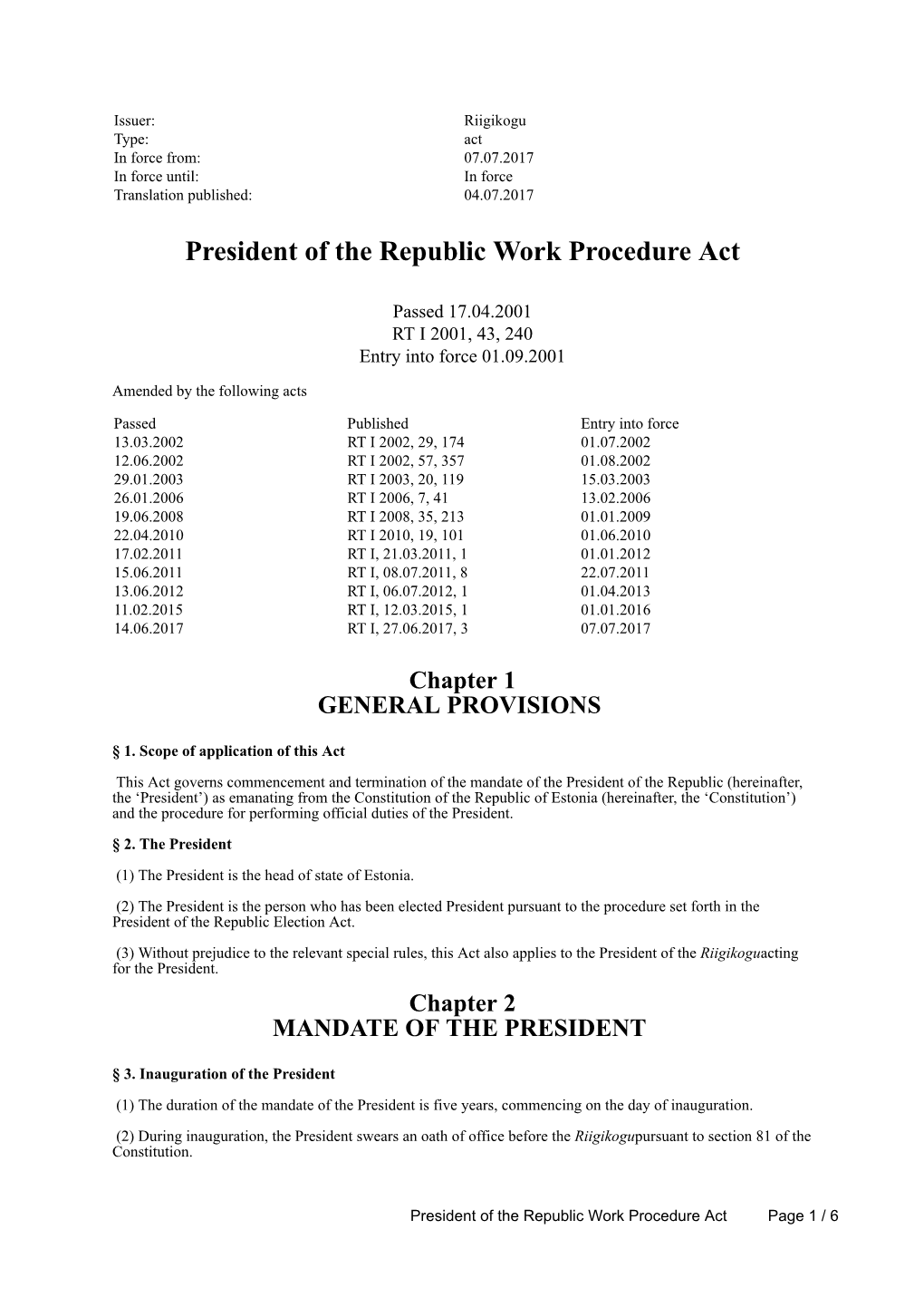 President of the Republic Work Procedure Act