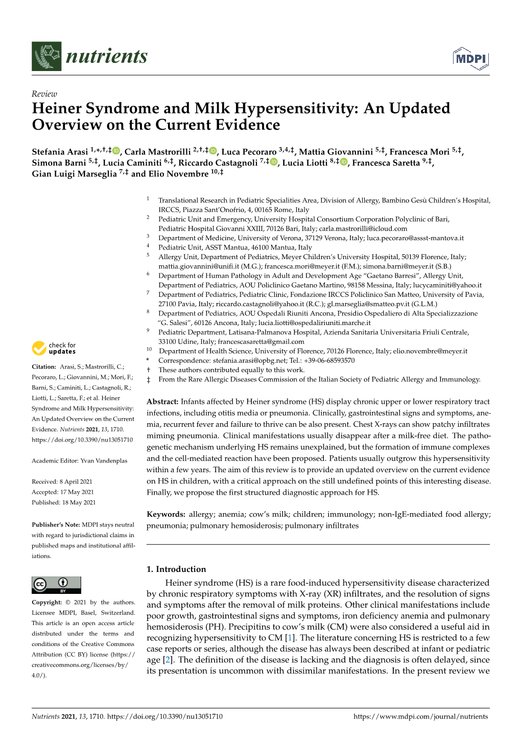 Heiner Syndrome and Milk Hypersensitivity: an Updated Overview on the Current Evidence